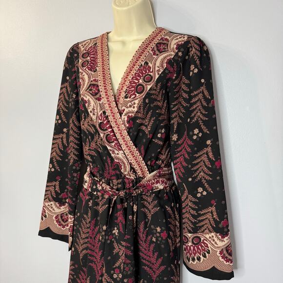 One September Jumpsuit  Wide Leg Wrap Bodice Embroidered Black Burgundy Boho XS - Picture 10 of 14